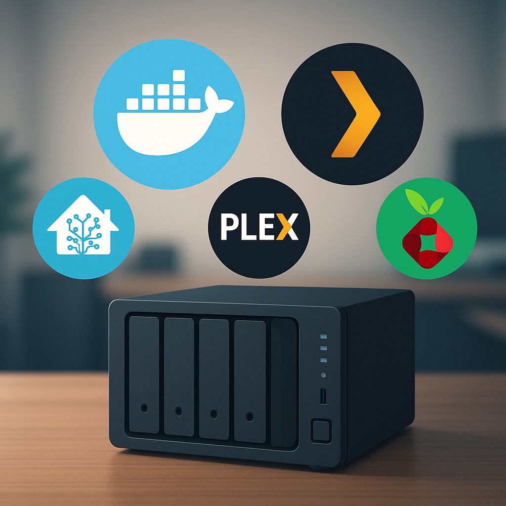 A black NAS device on a wooden desk with floating icons for Docker, Home Assistant, Plex, and Pi-hole, representing popular Docker containers.