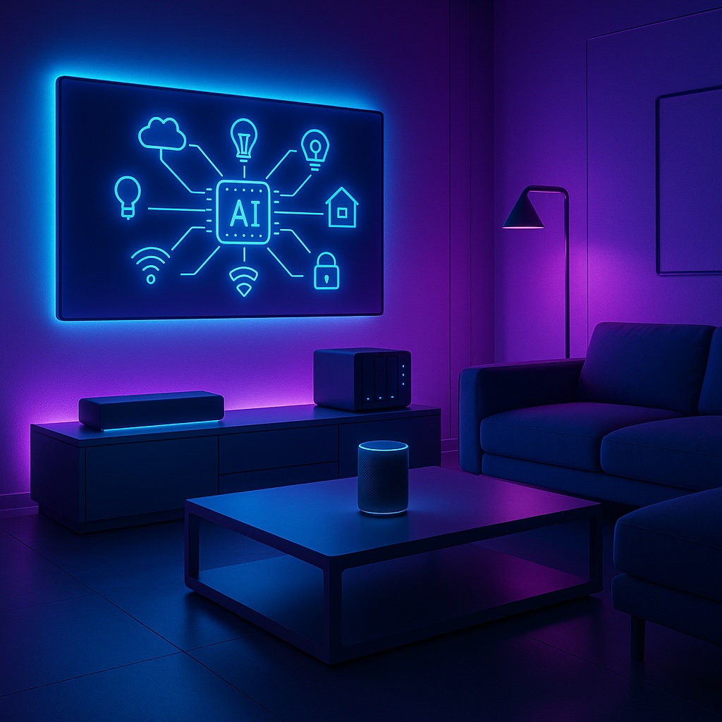 Futuristic smart home living room with neon blue and purple lighting, featuring AI-connected devices like a NAS, smart speaker, and wall display, symbolising AI integration in modern homes.