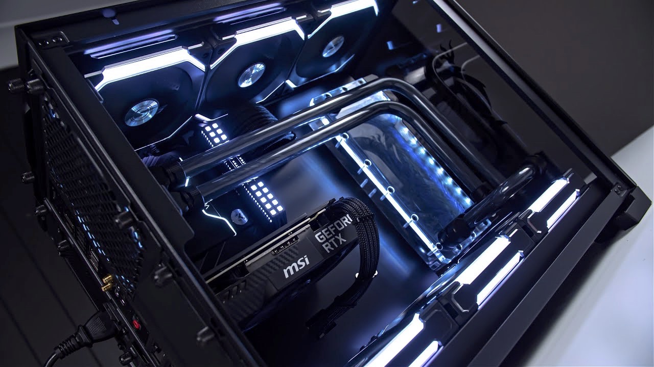 Black gaming PC build with subtle LED lighting