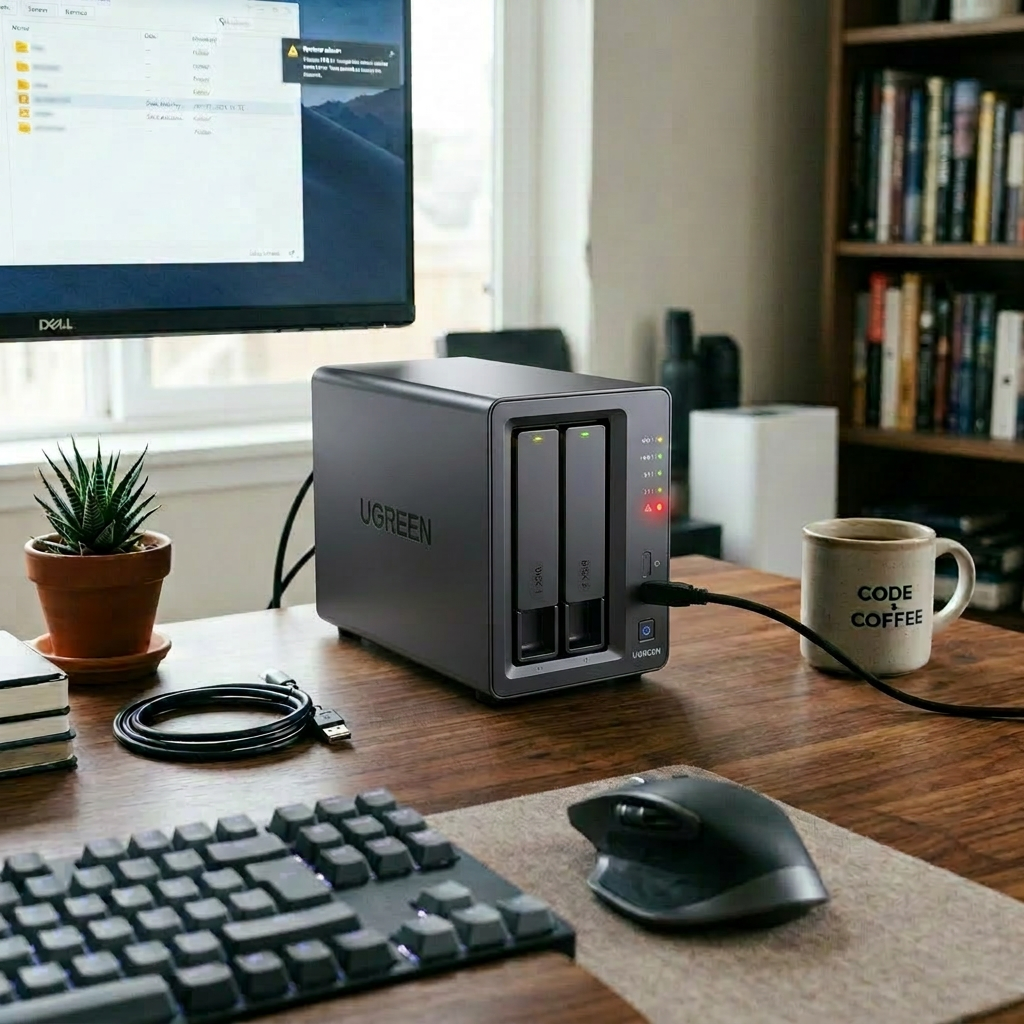 UGREEN NAS connected to a computer, placed on a desk with a keyboard, mouse, small plant, and coffee mug labeled 'CODE COFFEE'