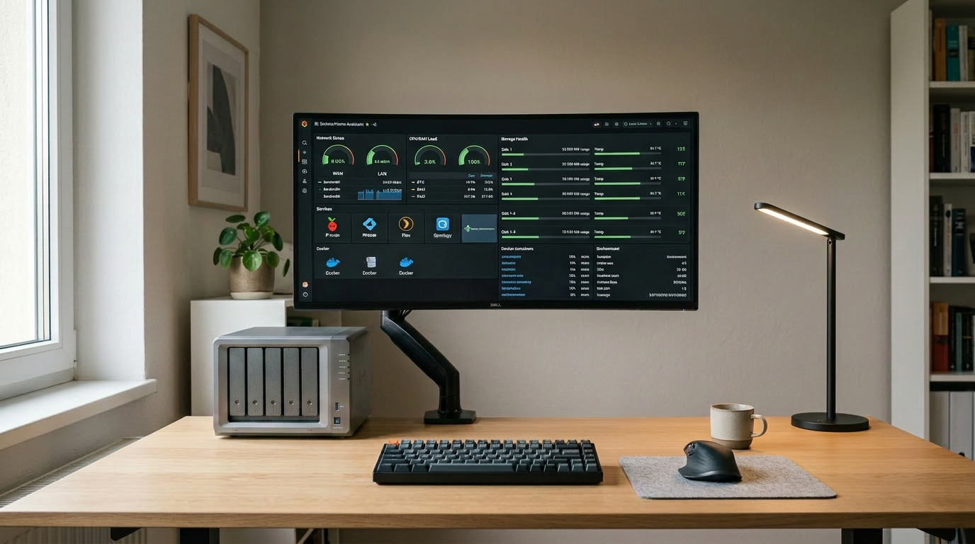 Desk setup with a widescreen monitor displaying system monitoring software, a keyboard, a mouse on a gray mat, a coffee cup, and a desk lamp