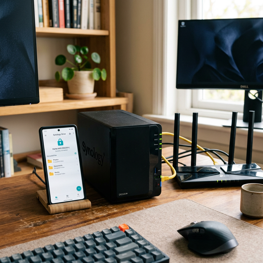 NAS unit connected to router on wooden desk with smartphone displaying Synology Drive app